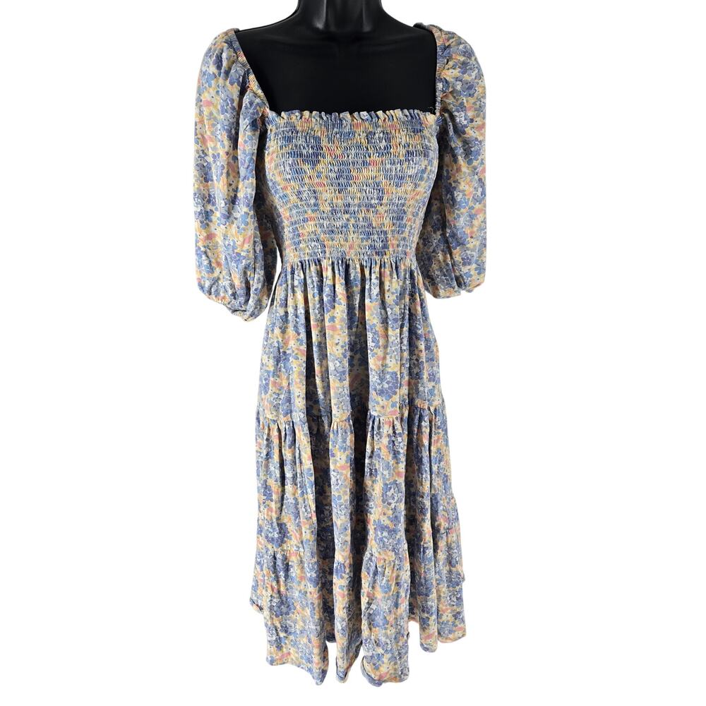 Polo Ralph Lauren Floral Smocked Puff Sleeve Midi Dress Tiered 3/4 Sleeve SZ XS
